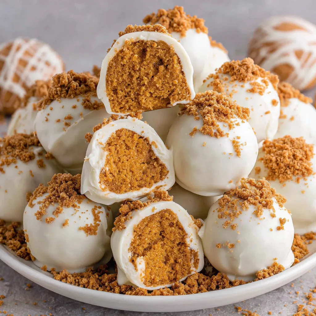 Close-up of a pumpkin truffle with white coating and crushed snaps