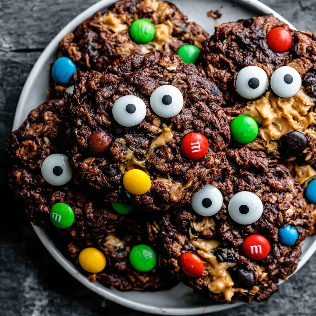 Chocolate Monster Cookies on baking sheet with M&Ms