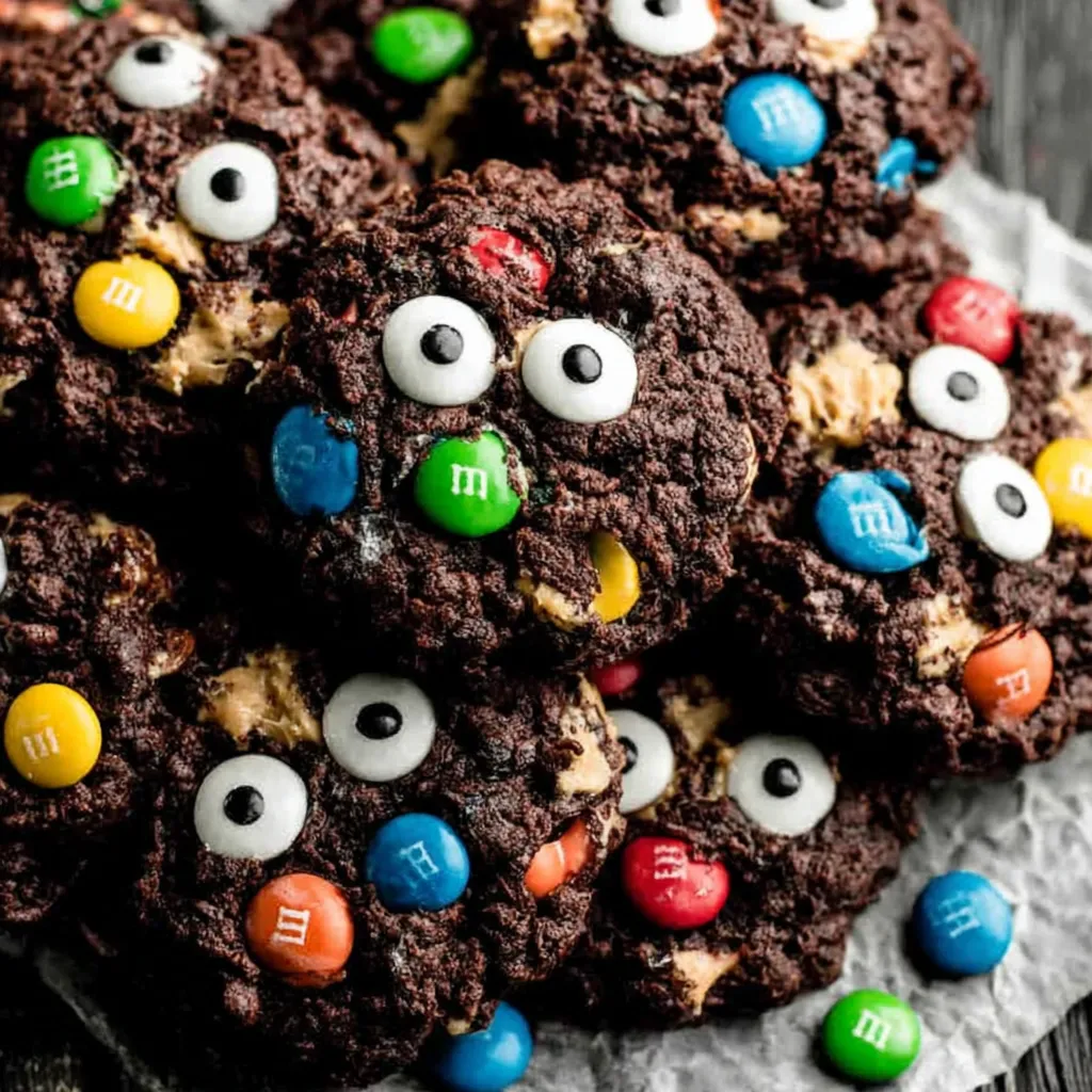 Close up of monster cookies with chocolate chunks and candy eyes