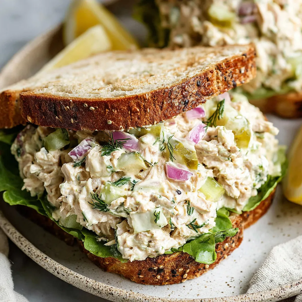 Tuna salad in a bowl with parsley garnish