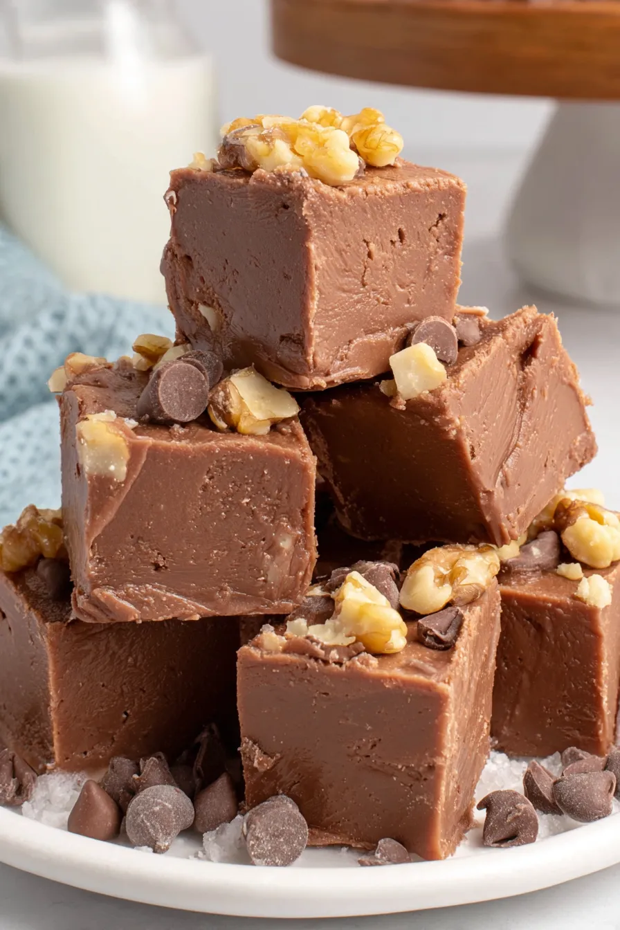 Close-up of cut fantasy fudge squares with walnuts