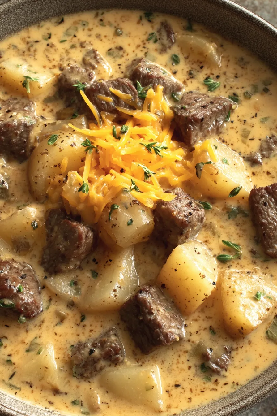 Bowl of steak and potato soup with cheddar garnish