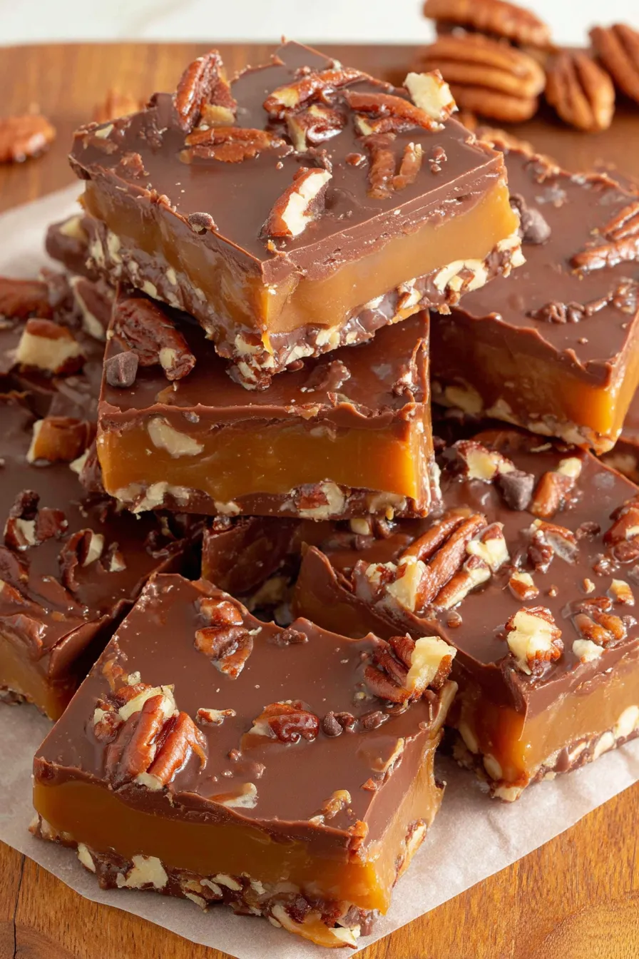 Sliced turtle fudge with pecans on top