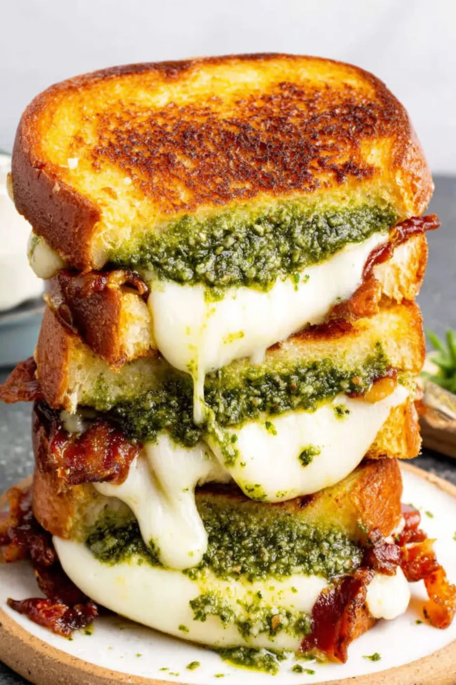Pesto grilled cheese in skillet with melted cheese