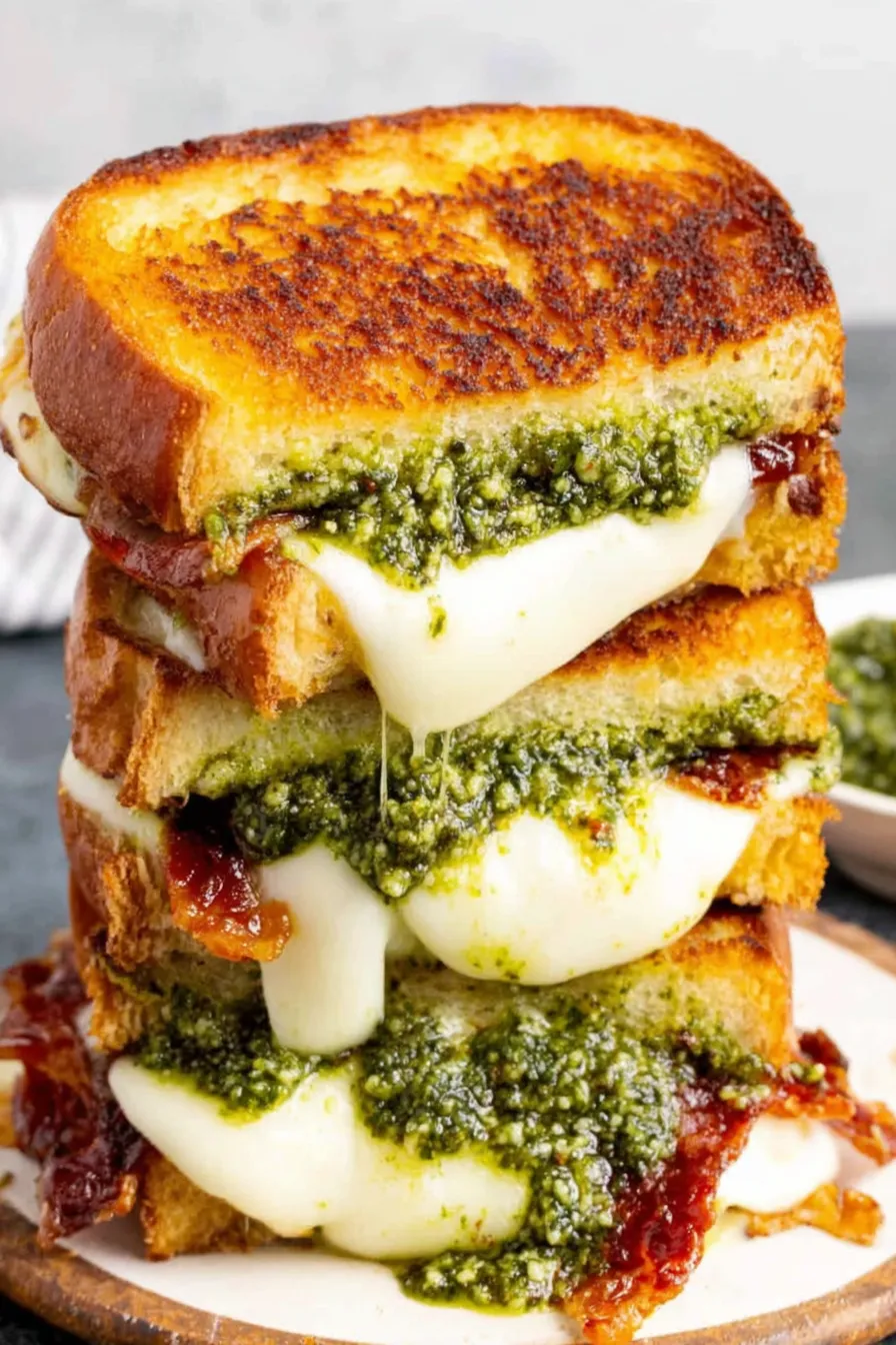 Sliced pesto grilled cheese on a wooden board