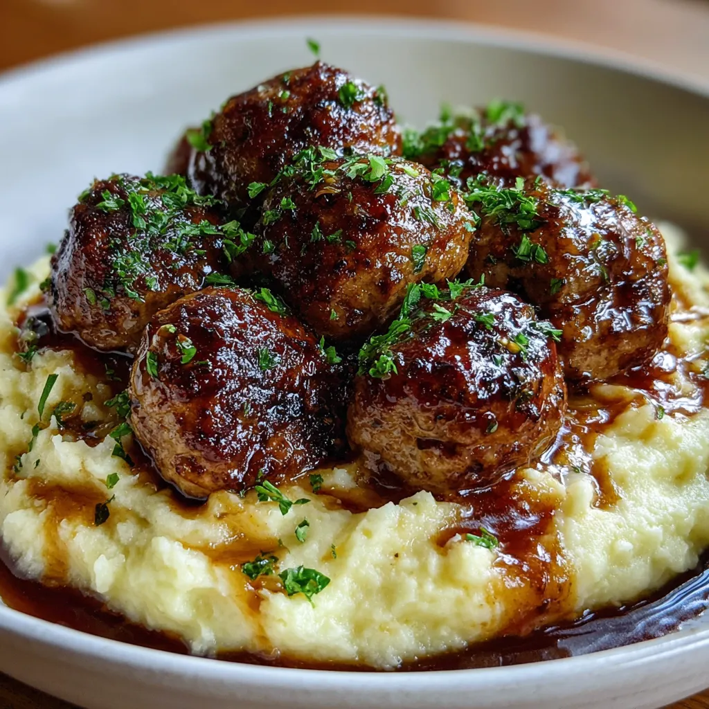 Salisbury Steak Meatballs With Garlic Herb Mashed Potatoes