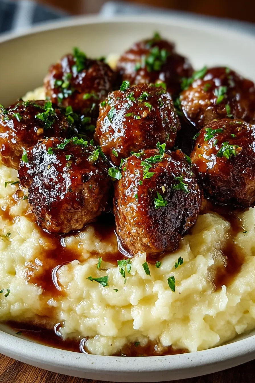 Close-up of mashed potatoes topped with parsley next to meatballs