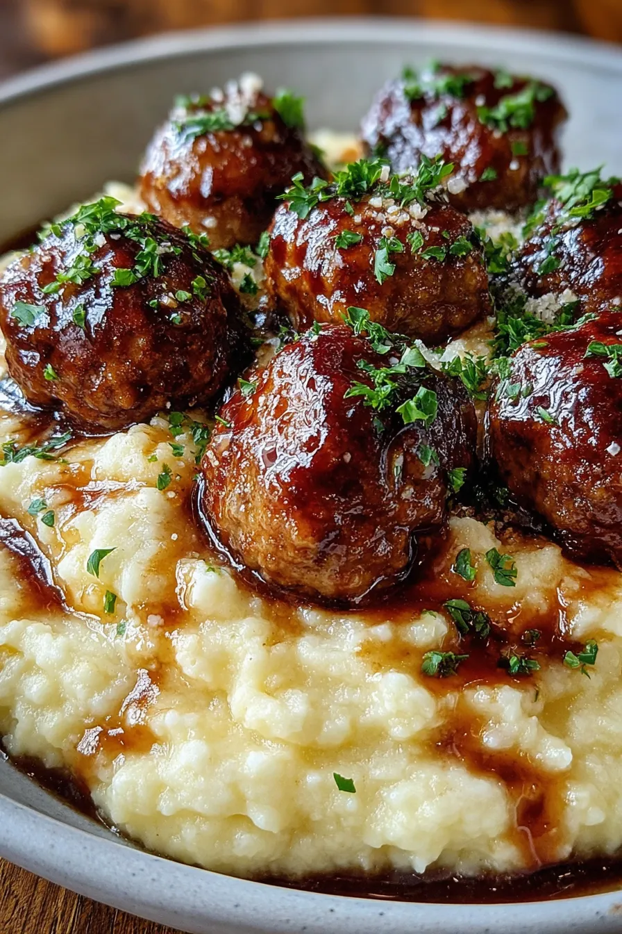 Salisbury meatballs and mashed potatoes on a plate