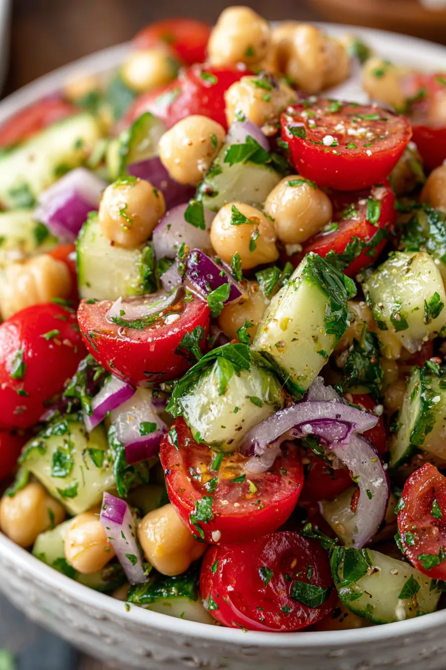 Close up of fresh ingredients: cherry tomatoes, cucumber, parsley, and chickpeas