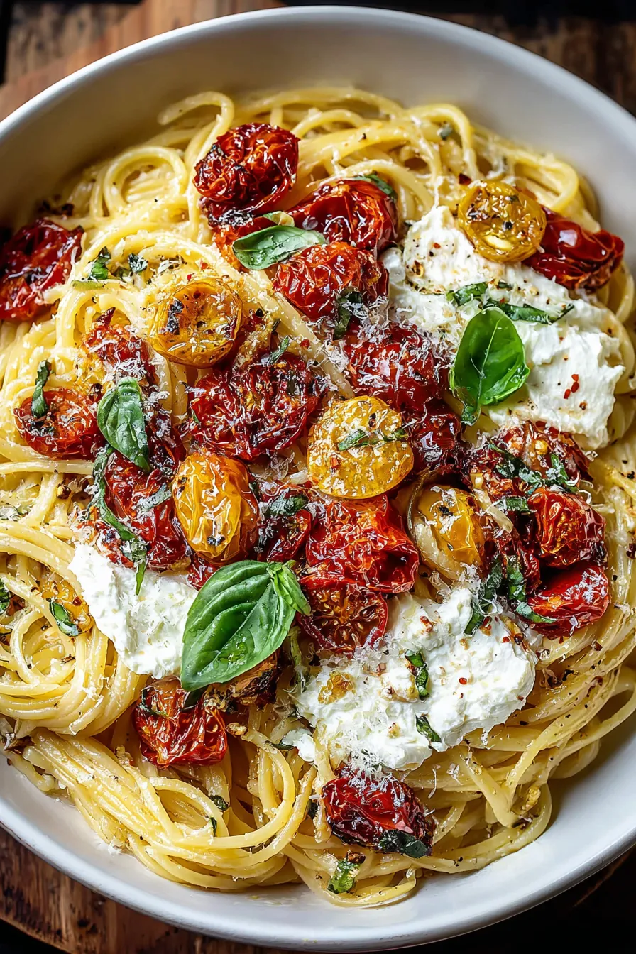 Roasted tomatoes and garlic on baking sheet