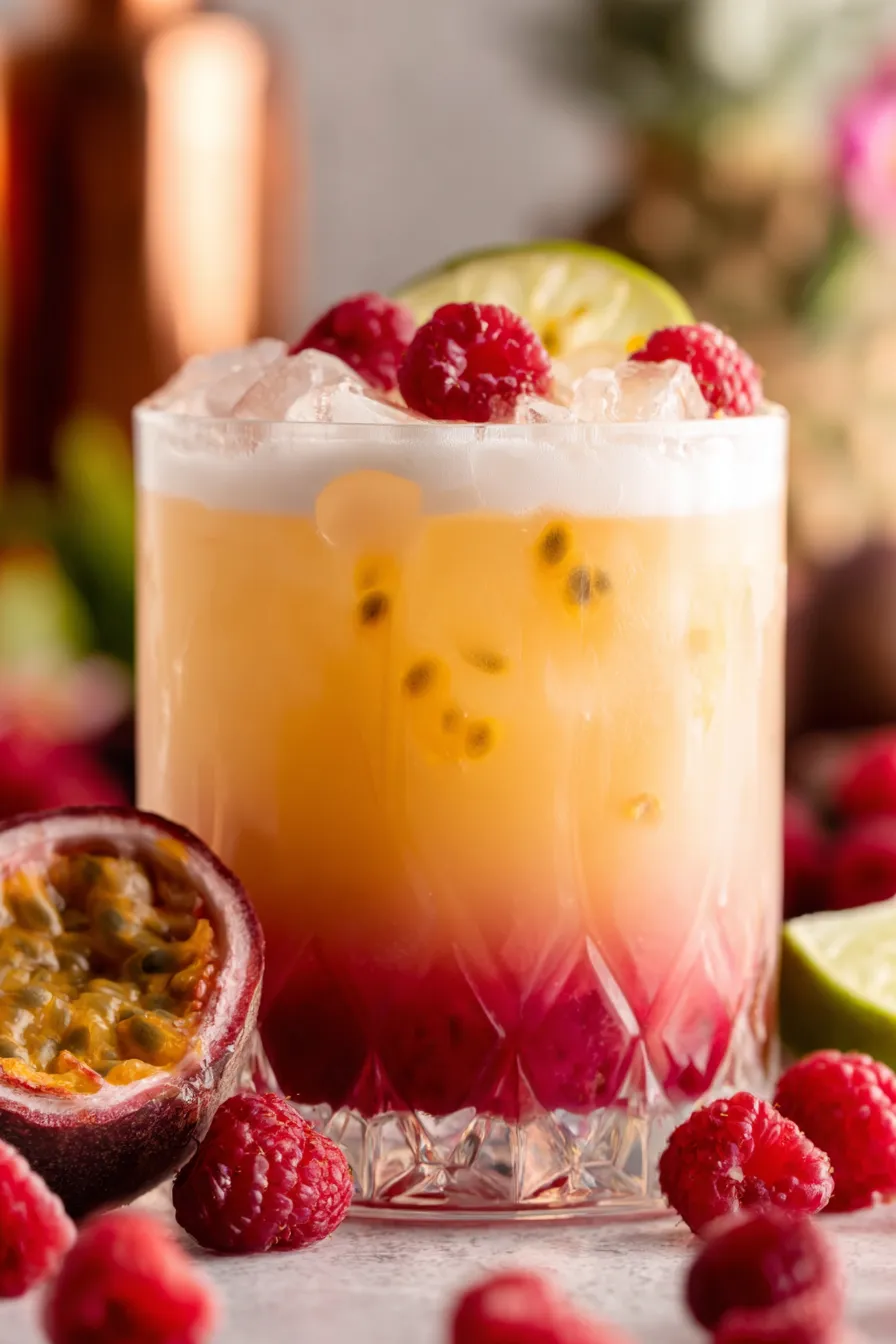 Raspberry Passionfruit Tequila Sour in coupe glass with raspberries