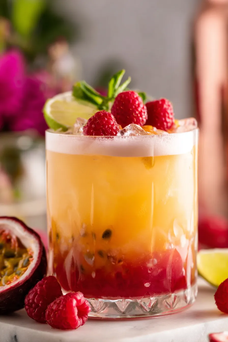 Ingredients for Raspberry Passionfruit Tequila Sour on a counter