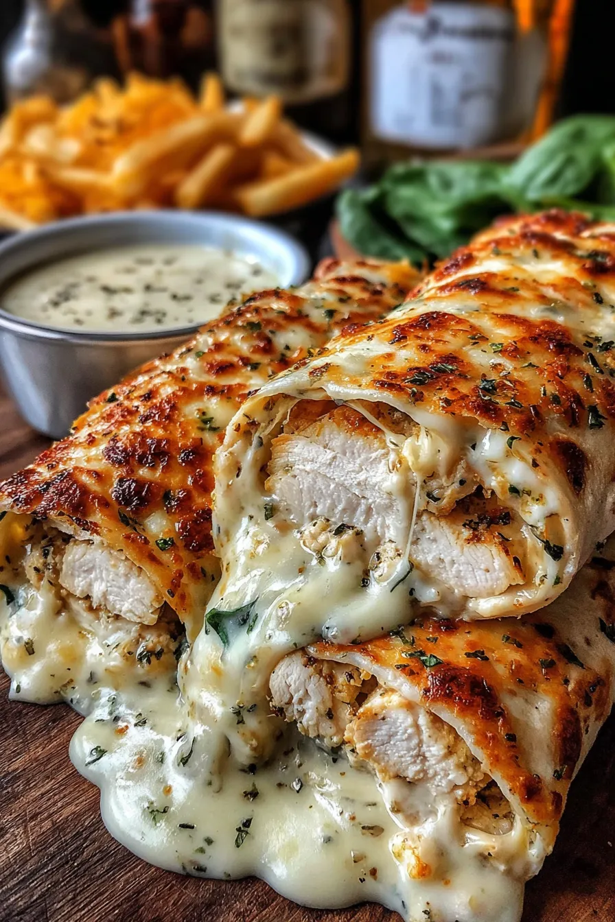 Cheesy Garlic Chicken Wraps on skillet with melted cheese