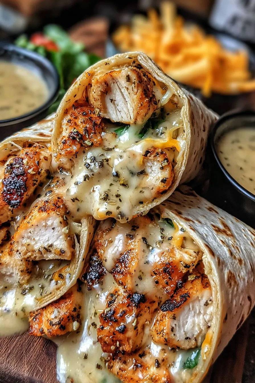 Wrapped and sliced cheesy garlic chicken wraps on serving board