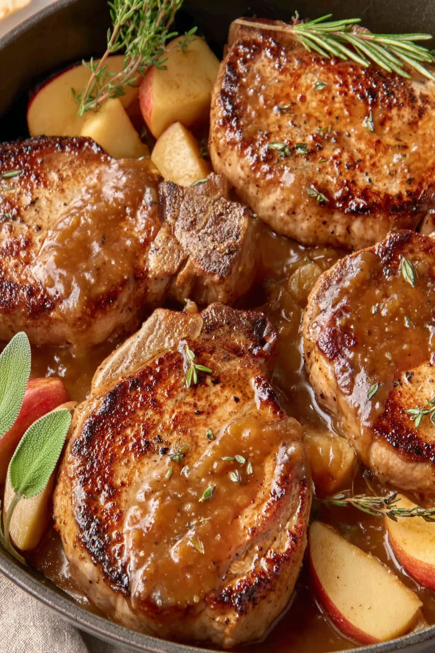 Seared pork chops in apple butter sauce with onions and apples