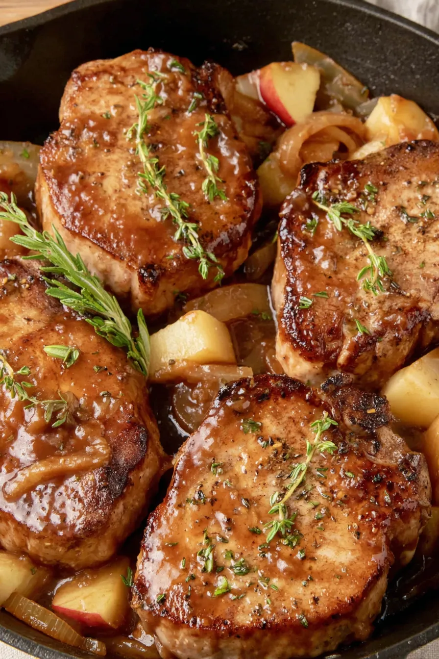 Close up of pork chop with apple slices and caramelized onions