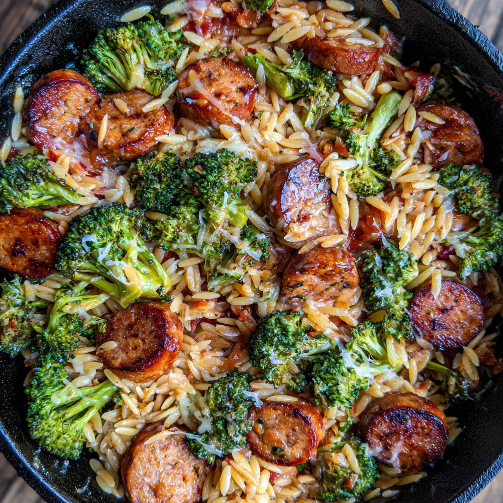 Chicken Sausage, Broccoli, Orzo Skillet