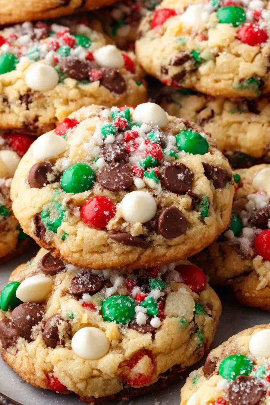 Close-up of cookie showing white chocolate "snow" and coarse sugar sparkle