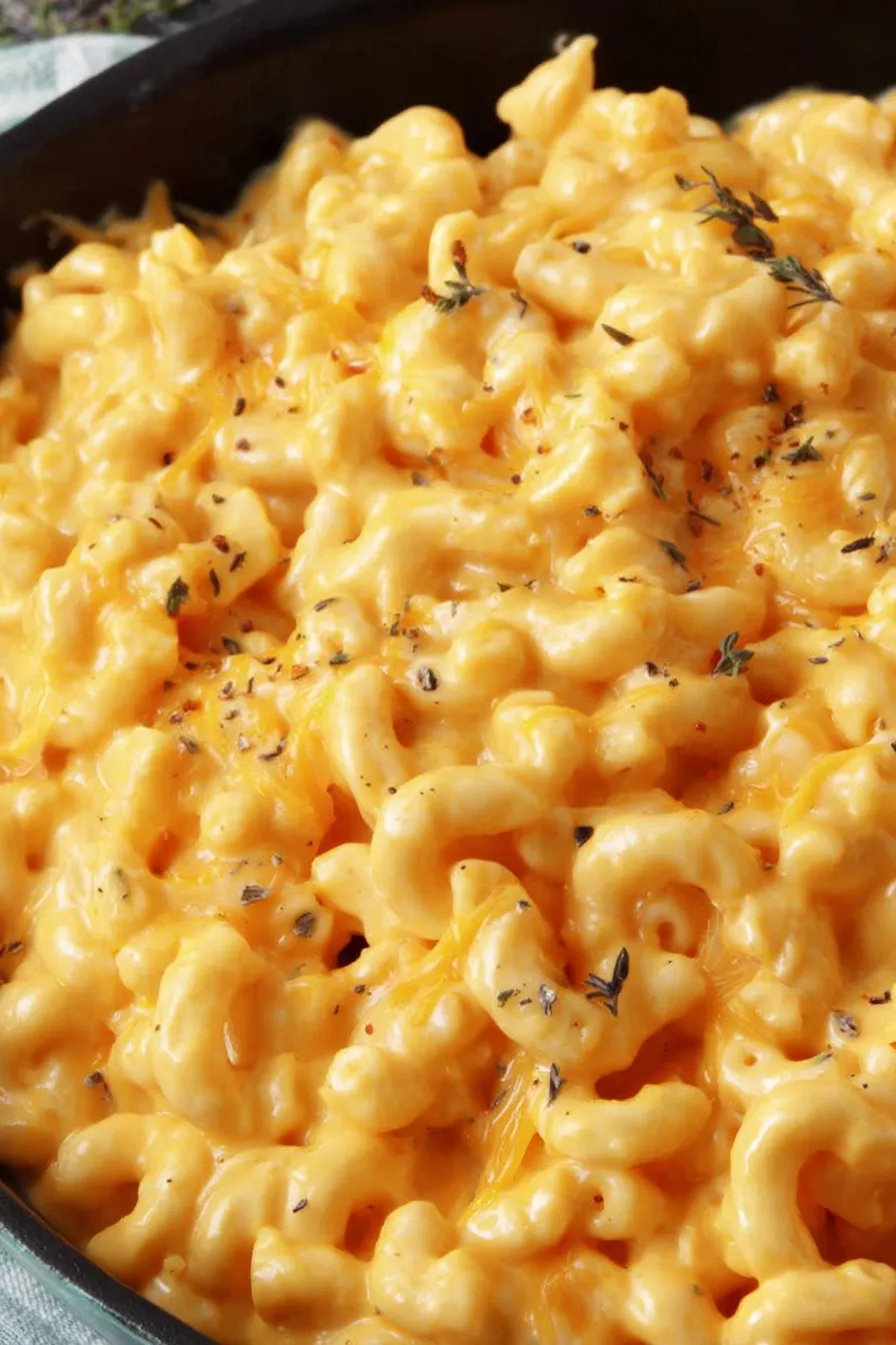 Creamy stovetop mac and cheese in a pot, steaming and glossy