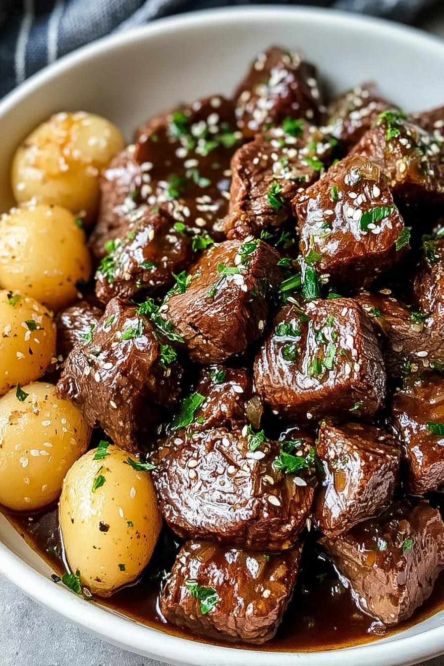 Seared beef bites in skillet before slow cooking