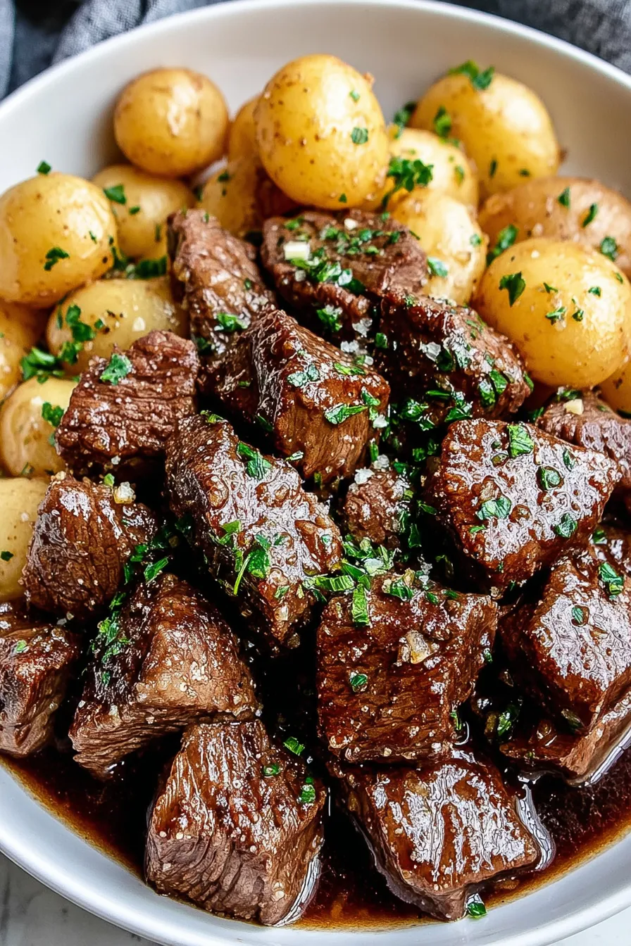 Slow cooker filled with garlic butter beef bites