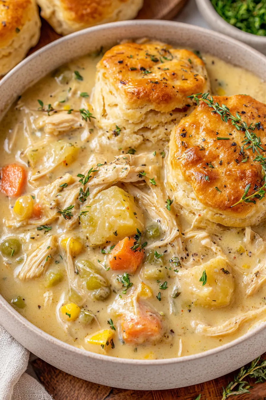 Golden biscuits served with creamy chicken pot pie filling