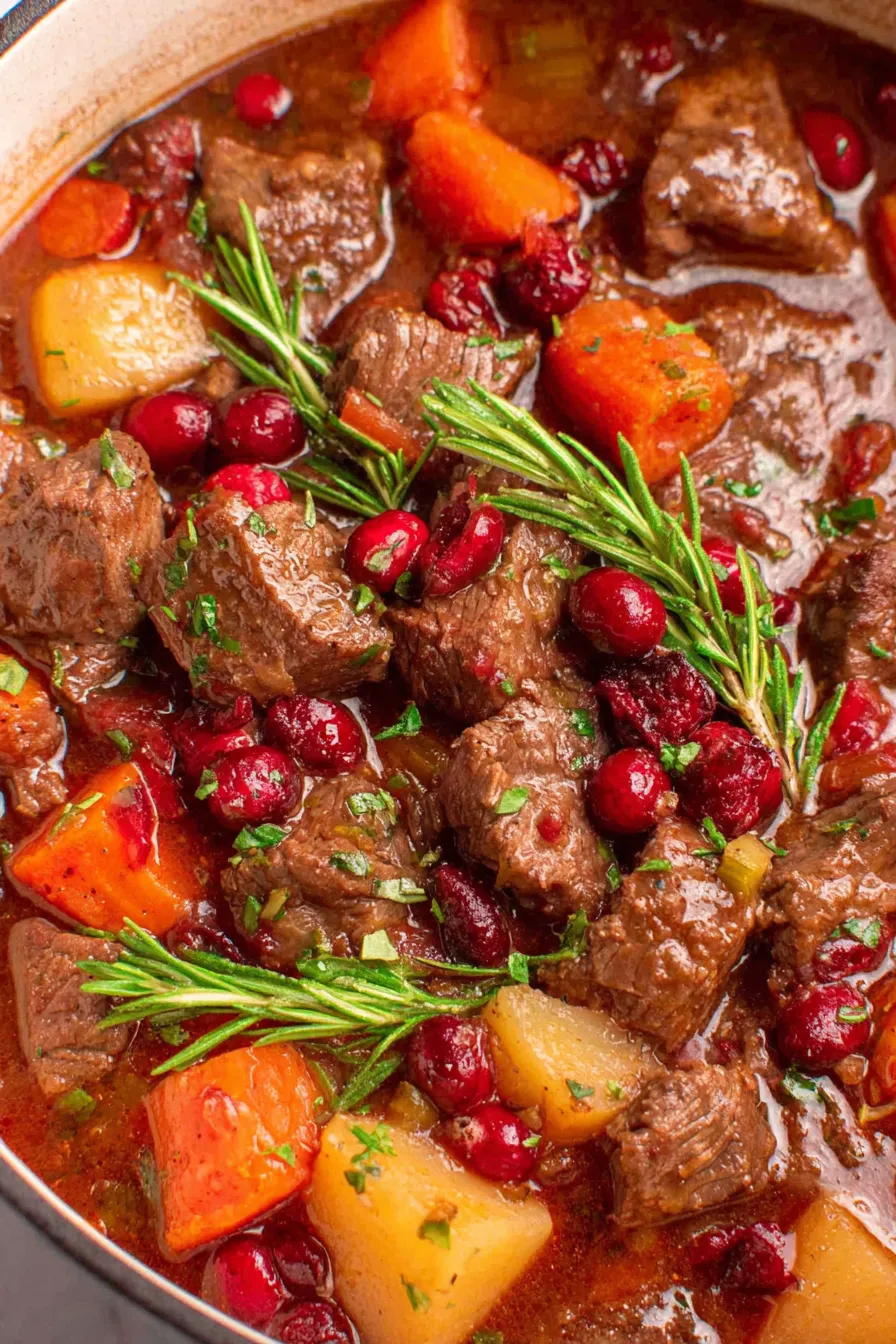 Cranberry apple beef stew simmering in a pot