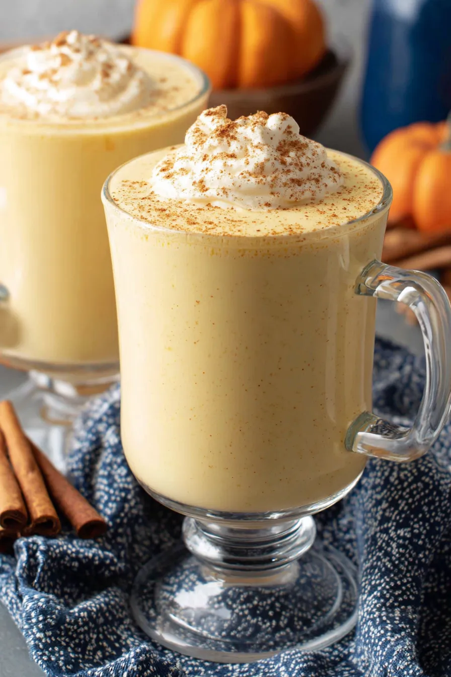 pumpkin eggnog in a glass with nutmeg