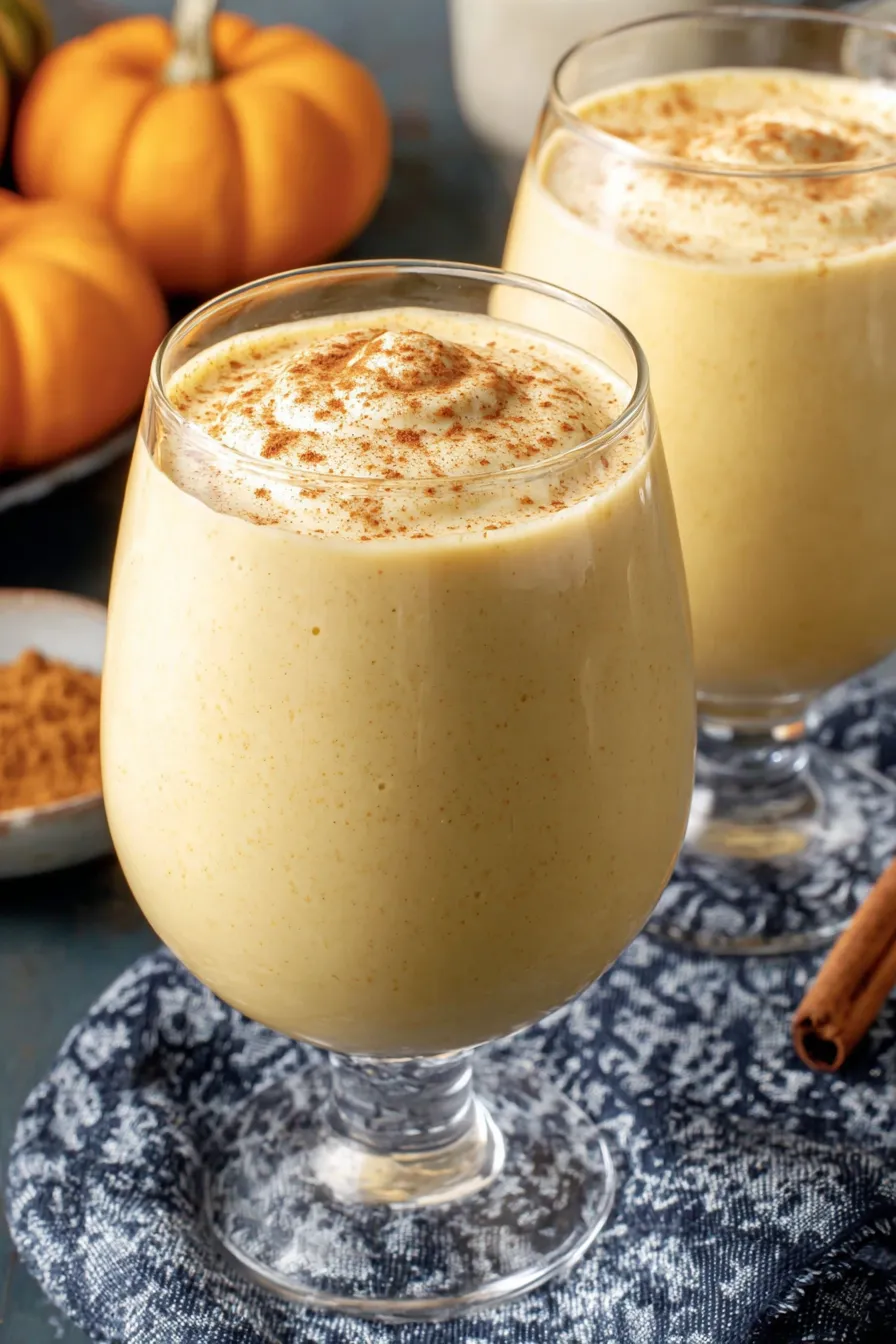 pitcher of pumpkin eggnog on a wooden table