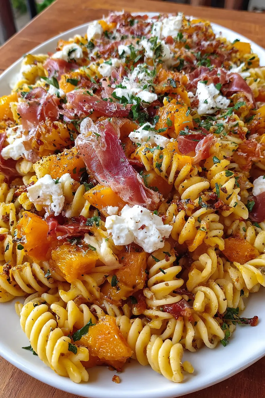 Roasted pumpkin cubes and cooked rotini tossed with goat cheese