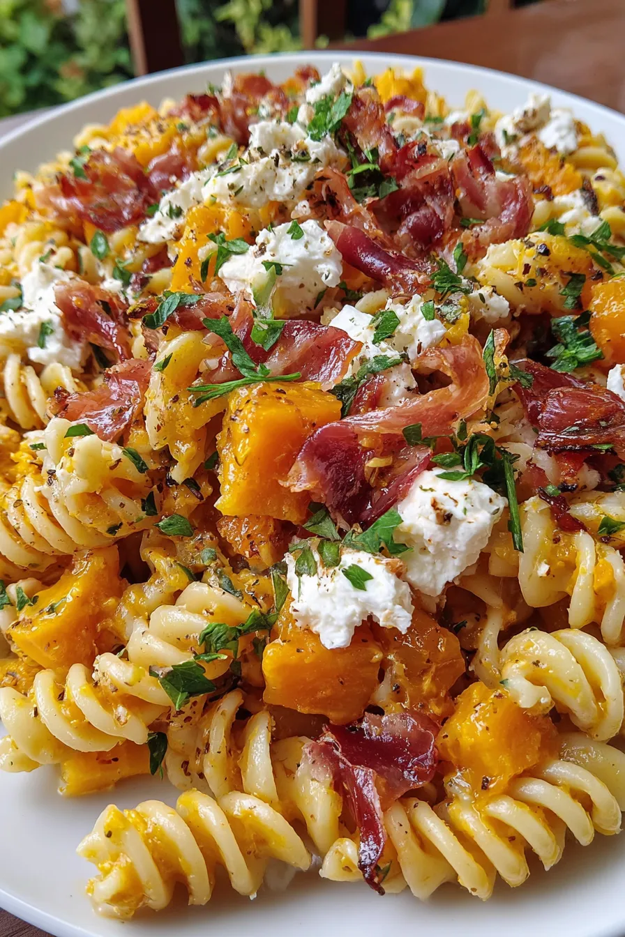 Served pumpkin pasta salad with scattered herbs and crumbled cheese