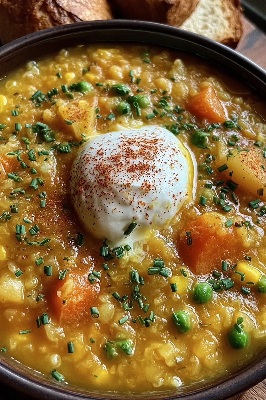 Creamy pea soup in a bowl with sour cream swirl