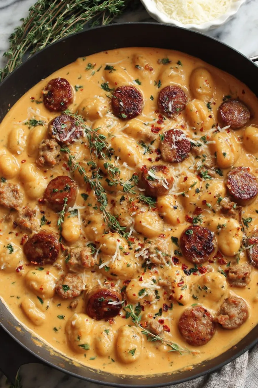 Creamy gnocchi with sage and thyme garnish