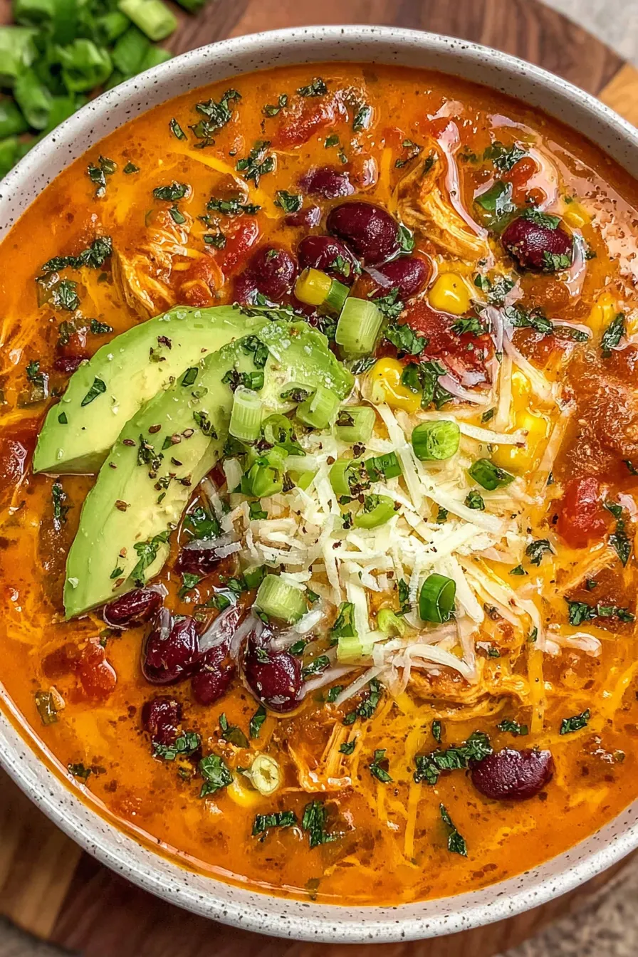 Creamy chicken enchilada soup in a bowl with cheese garnish