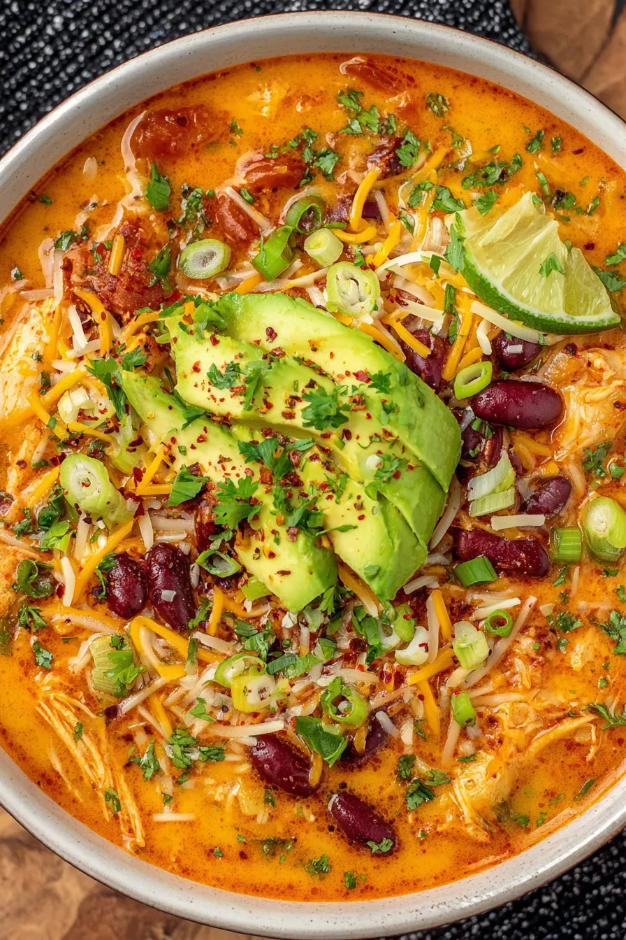 Bowl of enchilada soup with toppings and tortilla strips