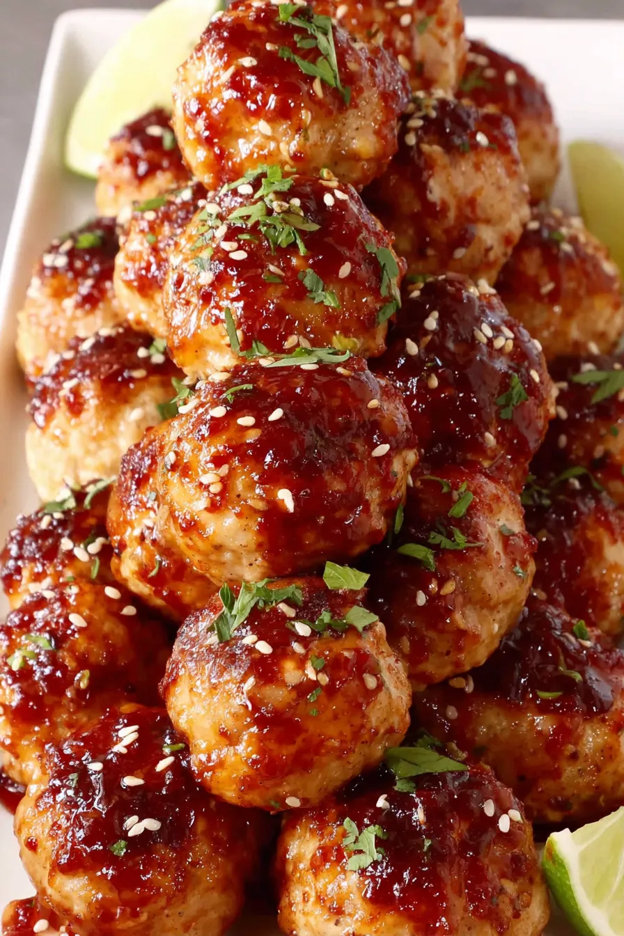 Close-up glazed chicken meatball with sesame seeds