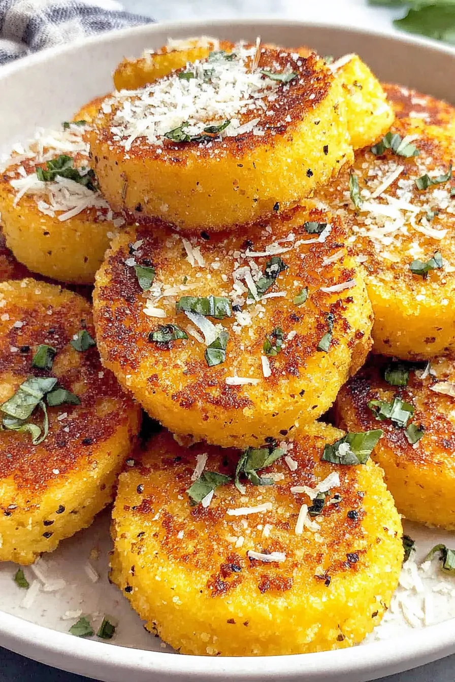 Golden crispy polenta rounds on a plate with herbs