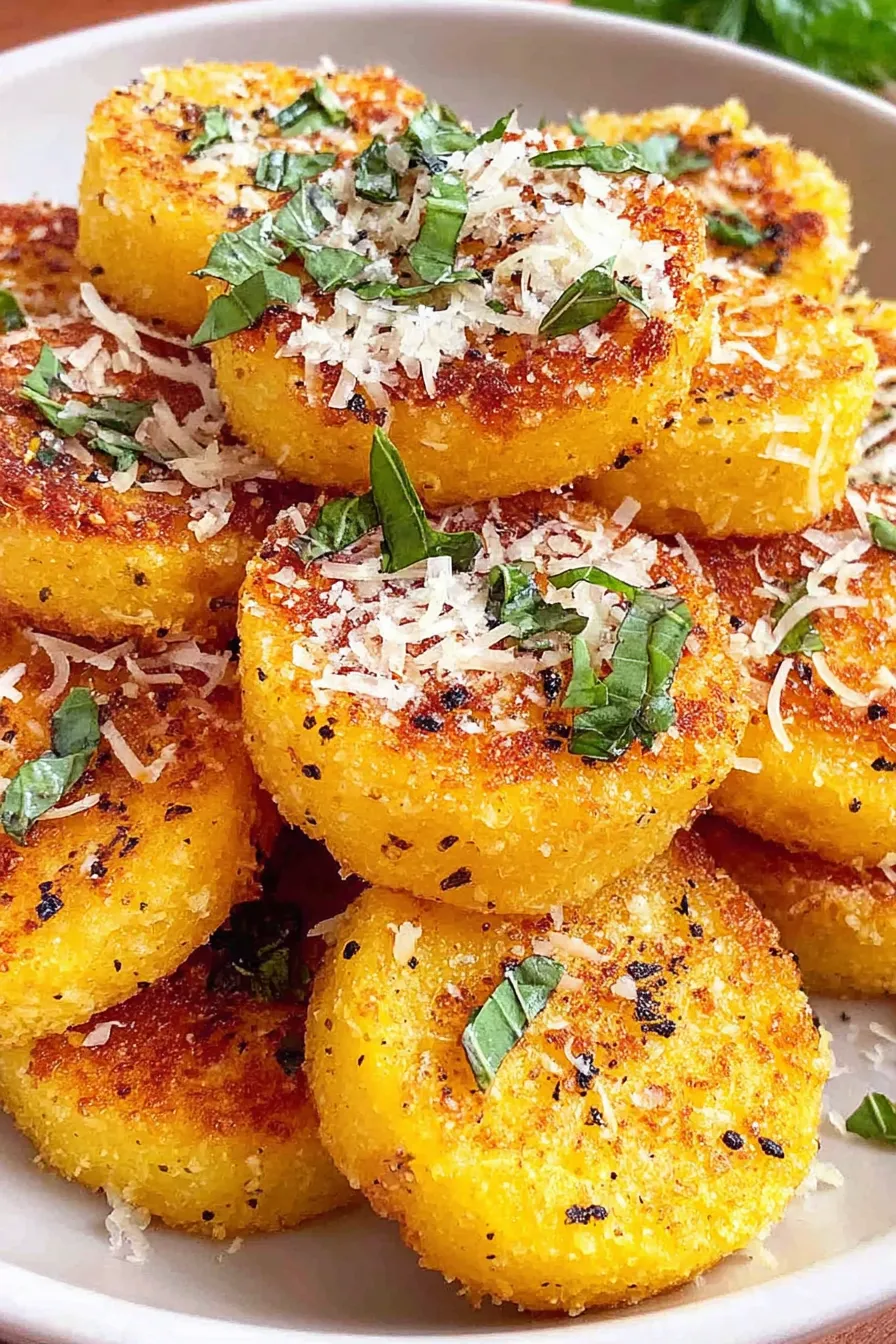 Close-up of a polenta round with melted cheese and herb garnish