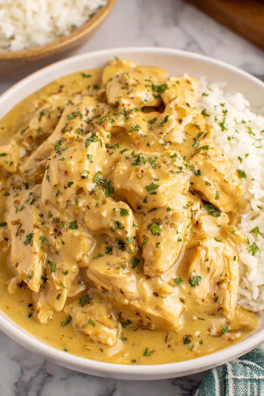Slow cooker chicken with creamy gravy in a white crockpot