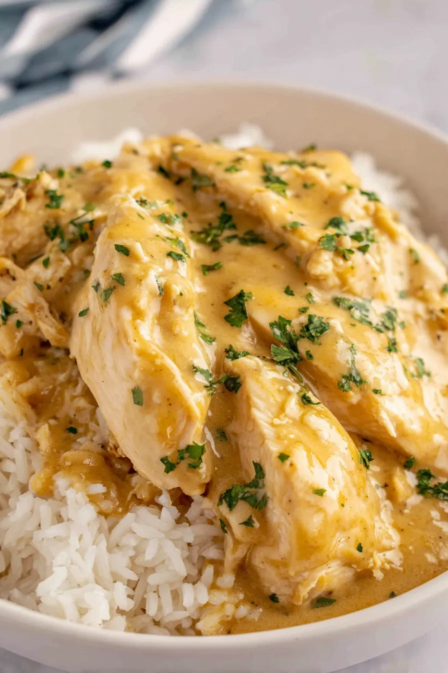 Plated chicken and gravy served over rice with parsley garnish