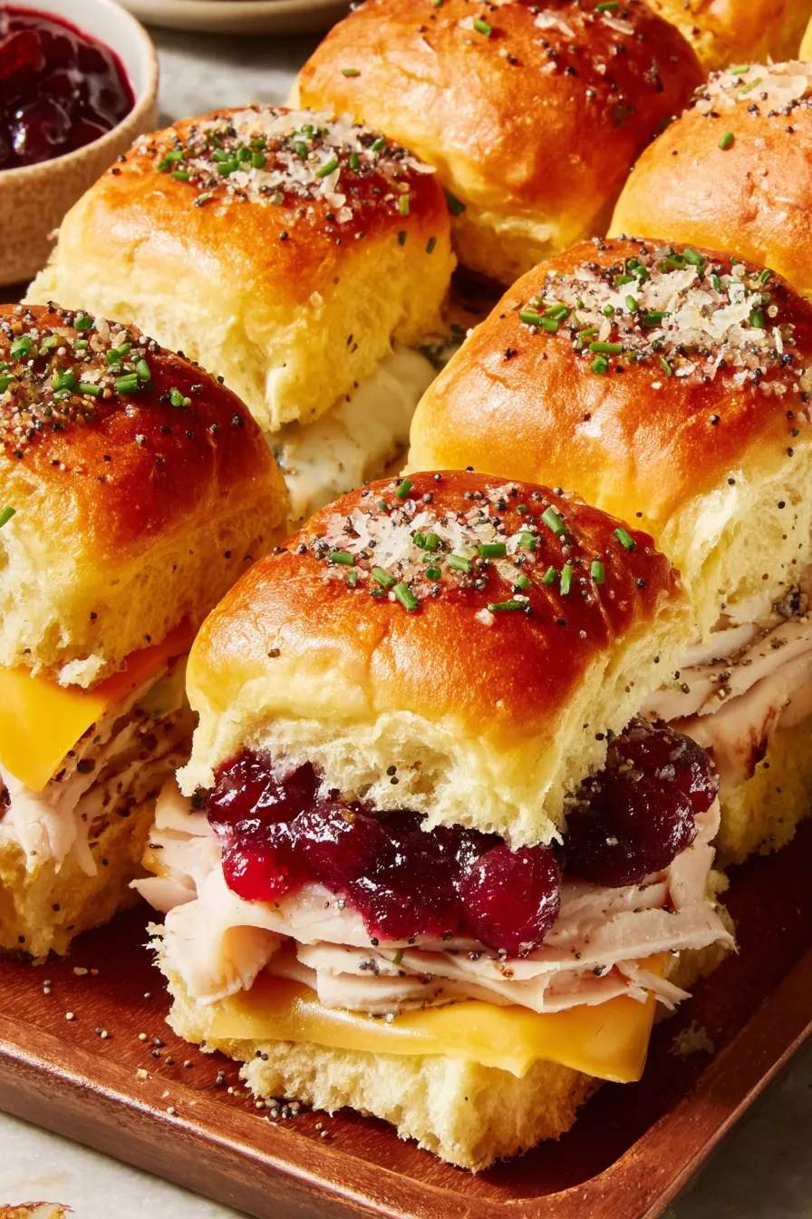 Close up of assembled cranberry turkey sliders in baking dish