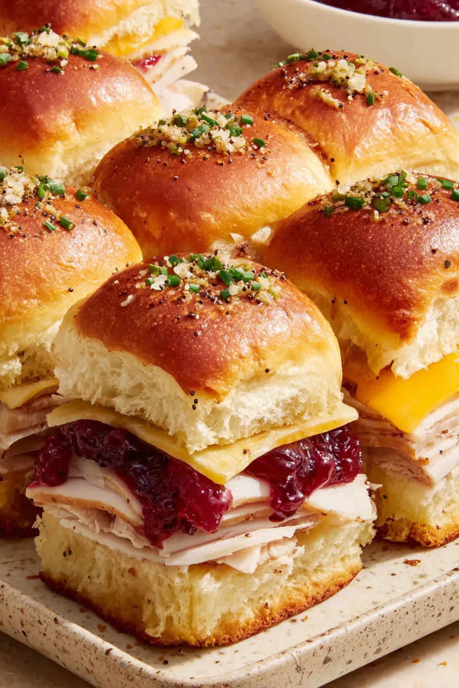 Sliced platter of cranberry turkey sliders garnished with chives
