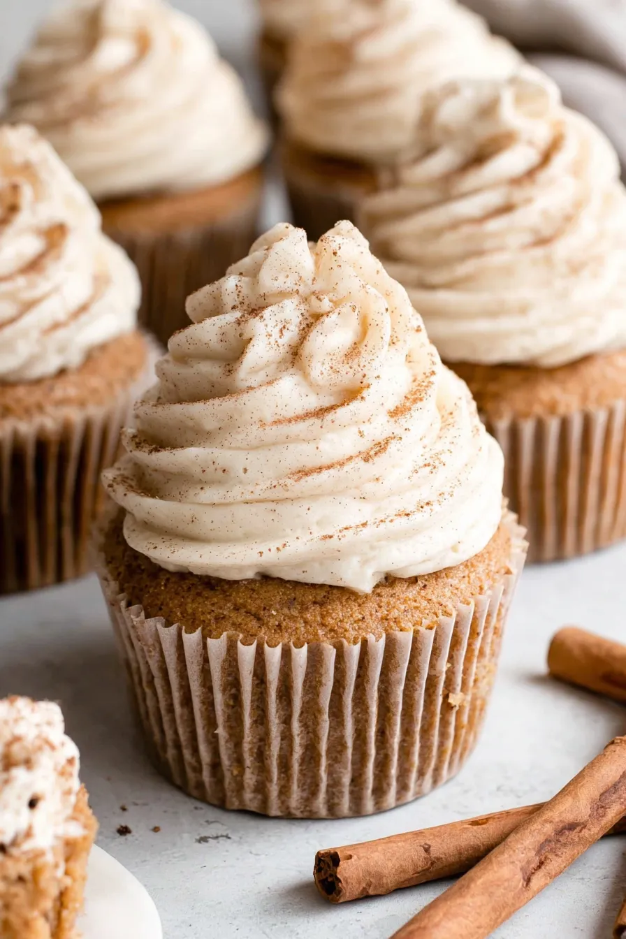 Freshly frosted pumpkin cupcakes on a cooling rack