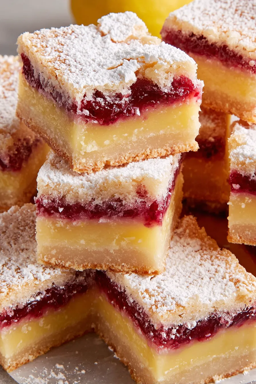 Close up of sliced lemon cranberry bars dusted with powdered sugar