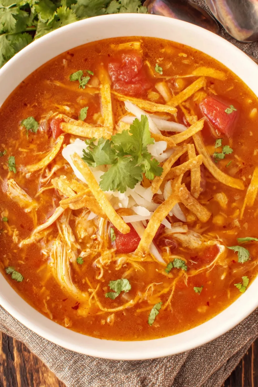 Bowl of chicken tortilla soup with toppings