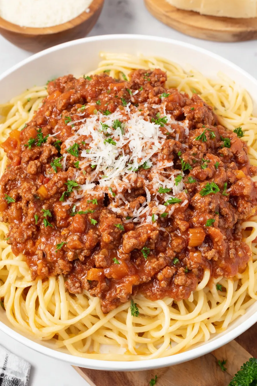 Bolognese simmering in pot with wooden spoon