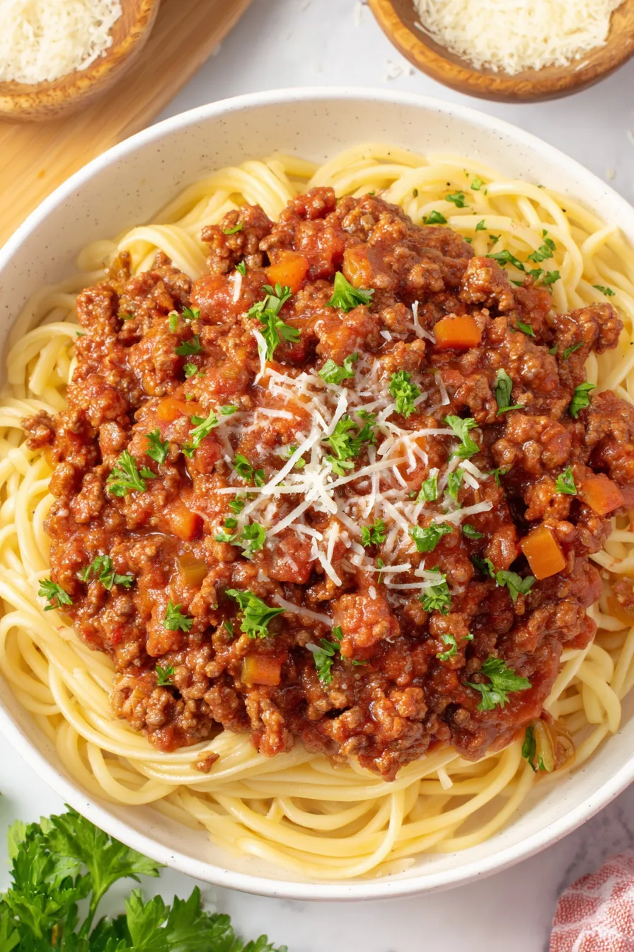 Plated pasta with Bolognese and grated parmesan