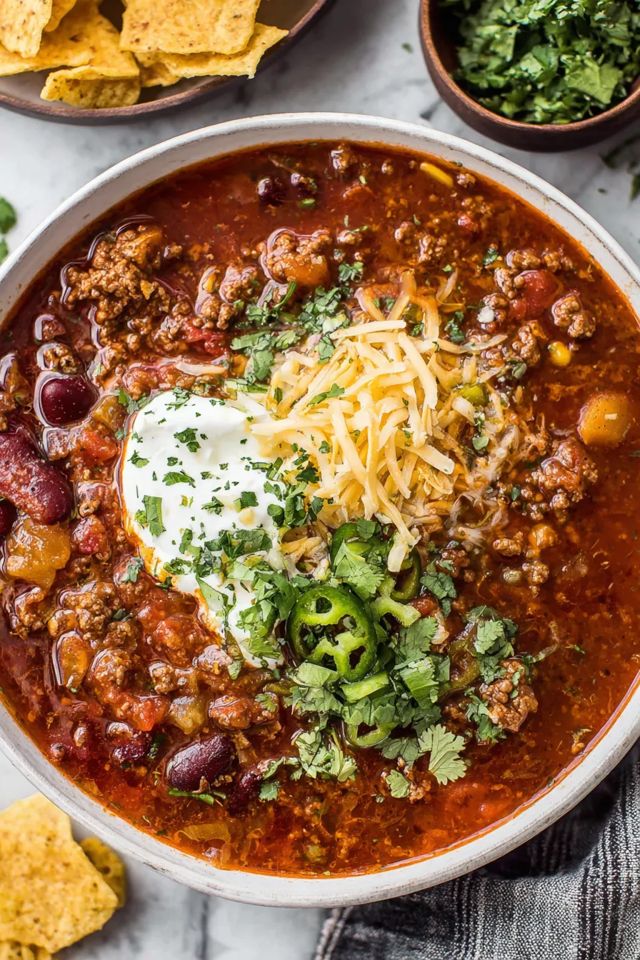 A steaming bowl of taco soup topped with avocado and cilantro