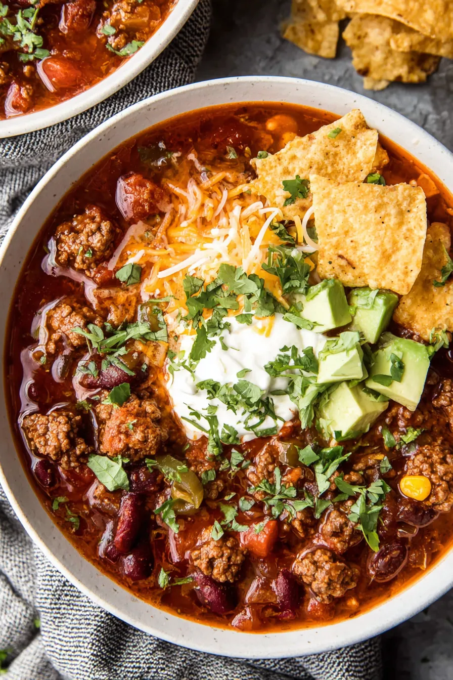 Toppings spread for taco soup including chips, cheese and cilantro