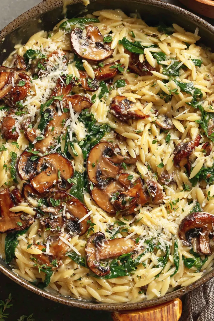 Creamy garlic mushroom orzo in a skillet
